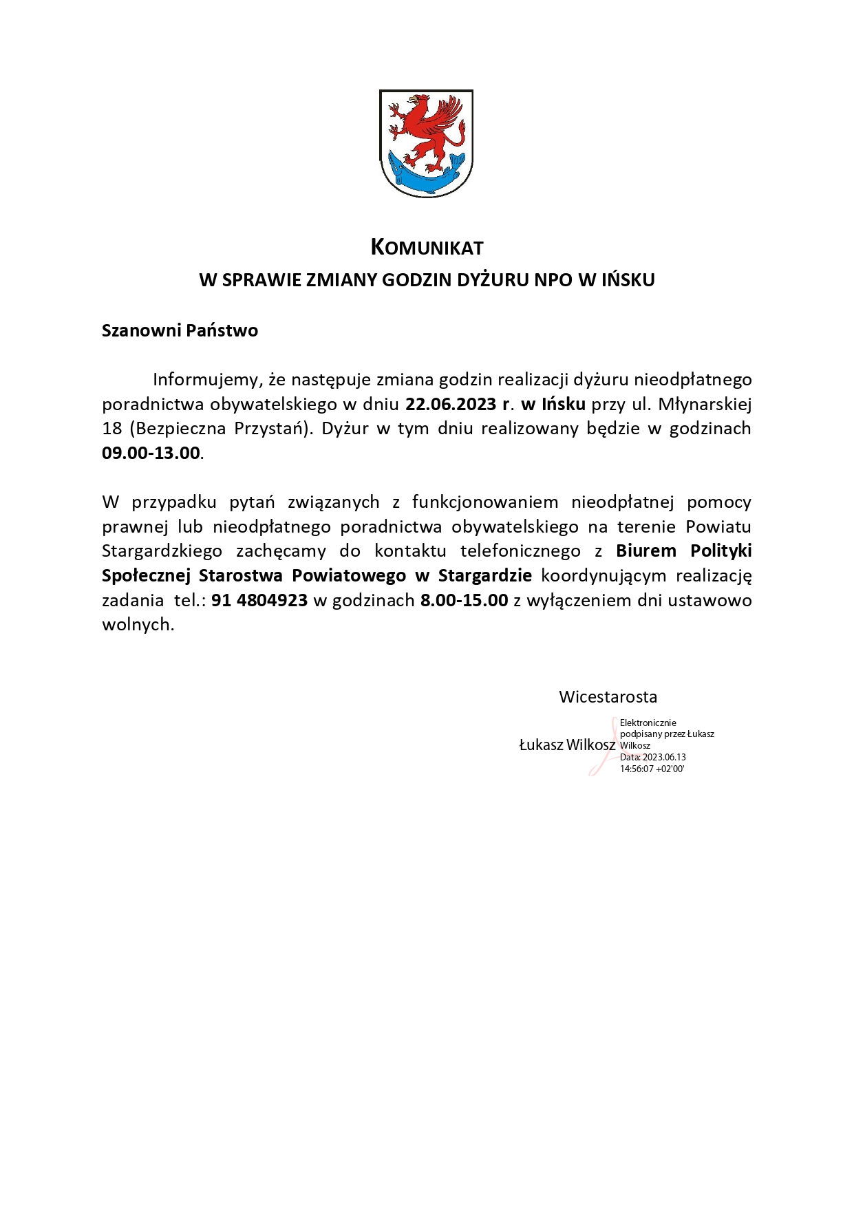 20230613 KOMUNIKAT dot.22.06.2023 Ińsko page 0001